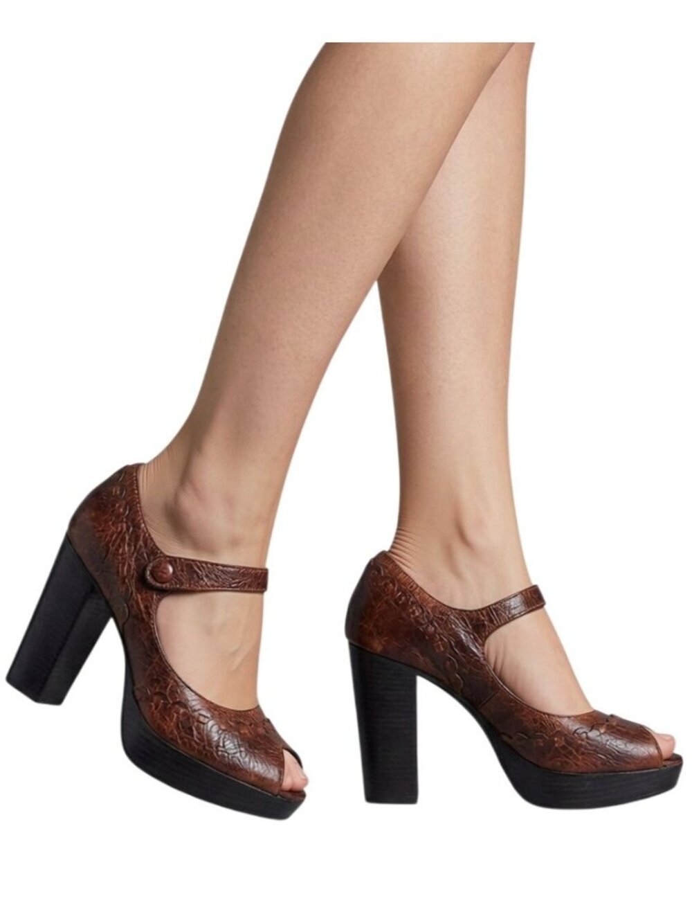 MIA Women's Brown Leather Upper Peep-Toe Mary Jane Platform Heels Size 8M